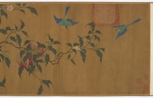 Fugler blant ferskengrener, Qing-dynastiet, 1700-tallet. av Unbekannt