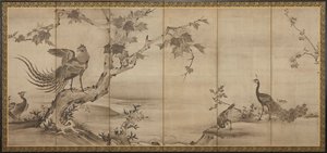 Fugler, blomster og trær: på baksiden, bambustrær, Momoyama-perioden, 1568-1615. av Unbekannt