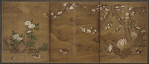 Fugler, årstidenes blomster og sivetkatter, Muromachi- eller Momoyama-perioden, 1500-tallet. av Unbekannt