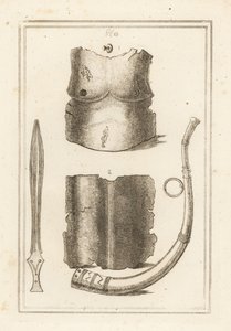 Brystplate og ryggstykke av gammel romersk kurass 1,2, romersk lituus eller militærtrompet 3 og gammelt messingsverd 4 av Unbekannt