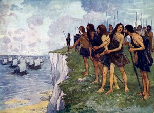 Briter som venter på den forestående ankomsten av vikingskip, c1500-tallet av Unbekannt