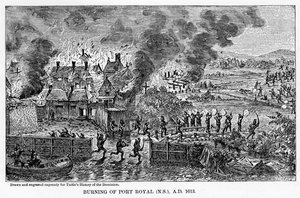 Brenning av Port Royal Nova Scotia, 1613 e.Kr., 1877 av Unbekannt