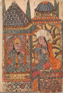 Burzuyeh blir tilkalt av Nushirvan ved hjemkomsten fra India, Folio fra en Kalila..., 1700-tallet. av Unbekannt