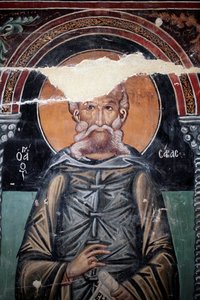 Bysantinsk freskomaleri fra 1400-tallet (detalj) Saint Sabas Veggmaleri Michael Archangel Chapel, Galata landsby Kypros Malte kirker UNESCO-sted Troodos, Kypros av Unbekannt