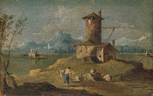 Capriccio med en øy, et tårn og hus, 1700-tallet. av Unbekannt