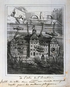 Tegneserieforslag om å gjenoppbygge Hotel de Ville under vann for å forhindre brann, Paris Commune, 1871. av Unbekannt