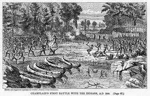 Champlains første slag med indianerne, 1609 e.Kr., 1877 av Unbekannt