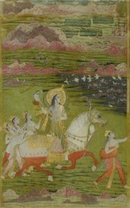 Chand Bibi Hawking med ledsagere i et landskap, ca. 1700. av Unbekannt
