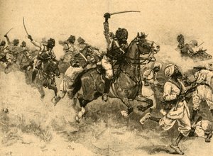 Ansvar for kavaleriet i slaget ved Miani Meeanee, Sindh, India, 1843 c1890. av Unbekannt