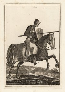 Ladende ridder fra 1100- og 1200-tallet i ringbrynje hauberk, flat hjelm, lanse, varmeskjold, shin armour jamesons, krigssadel av Unbekannt