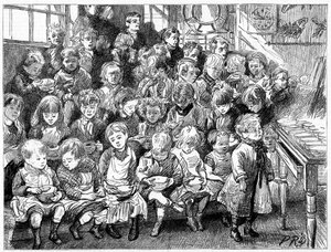 Barn som venter på suppe ved middagstid, London Board School, Denmark Terrace, Islington, 1889 av Unbekannt