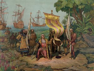 Christopher Columbus (1451 - 1506) hevder "den nye verden" for Spania (litografi) av Unbekannt