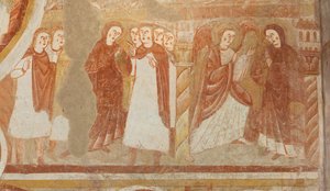 Kirke (Église Saint-Martin). Interiør. Veggmalerier (fresco). Skipets vestvegg. Detalj. Anklage og kunngjøring av jomfruen. 1100-tallet. av Unbekannt