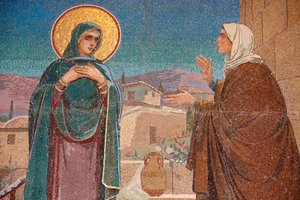 Frelserens kirke for utsølt blod eller Oppstandelseskirken ; The Visitation: Mary besøker sin slektning Elizabeth; Saint-Petersburg Russland av Unbekannt