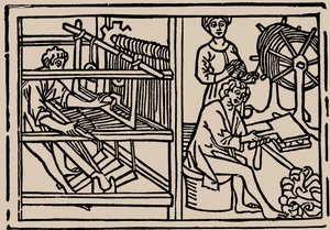 Kaming, spinning og veving av ull. Fra Speculum Vitae Humanae av Rodericus Zamorensis, 1479. av Unbekannt