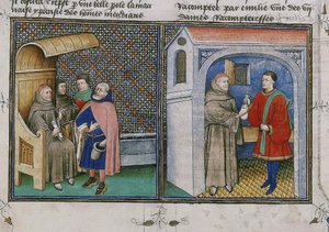 Korrupsjon. Miniatyr fra boken kalt Decameron av Giovanni Boccaccio, 1460-tallet. av Unbekannt