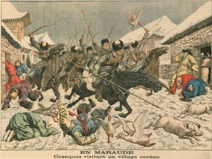 Kosakker terroriserer en koreansk landsby, russisk-japansk krig, 1904 av Unbekannt