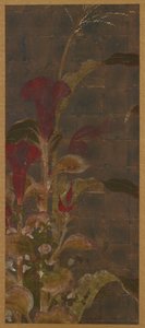 Coxcombs, mais og morning glories, Momoyama-perioden, 1568-1615. av Unbekannt