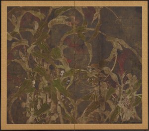 Coxcombs, mais og morning glories, Momoyama-perioden, 1568-1615. av Unbekannt