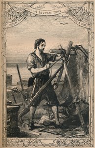 Crusoe lager et lite telt med et seil, c1870 av Unbekannt