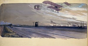 Begynnelsen av luftfarten: Louis Paulhan (1884-1963) passerer over et jernbanespor ombord på biplanet sitt under det 300 km lange London/Manchester rettlinjeløpet 27. og 28. april 1910 av Unbekannt