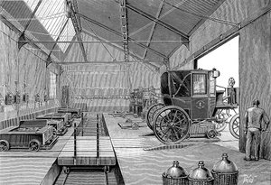 Depot hvor elektrisk drevne Paris-drosjer ble utstyrt med nyladede batterier, 1899 av Unbekannt