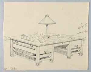 Design for massivt biblioteklagerbord med to åpne bårehyller på hver side, 1900–05 av Unbekannt