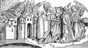 Ødeleggelse av Sodoma og Gomorra ved jordskjelv, 1493 av Unbekannt