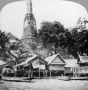 Dhower og hus ved Chao Phraya-elven, Bangkok, Thailand, 1900-tallet av Unbekannt