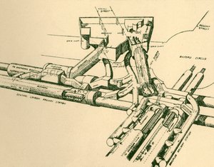 Diagram over den nye t-banestasjonen ved Oxford Circus, 1930. av Unbekannt