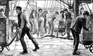 Havnearbeidere som losser te i London Docks, 1889 av Unbekannt