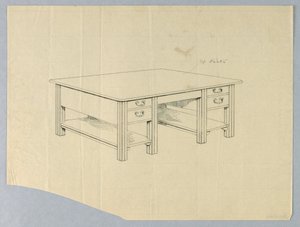 Tegning, design for massivt bibliotekbord med firkantede ben og åpne bårehyller av Unbekannt