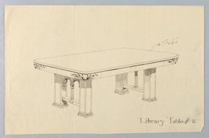 Tegning, design for rektangulært bibliotekbord nr. 2 med Putti -ansikter skåret på hvert av avrundede hjørner av Unbekannt