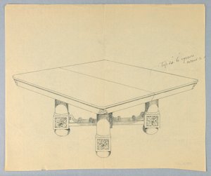 Tegning, design for et rektangulært spisebord på Bun-Feet av Unbekannt