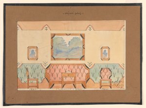 Tegning, design for en stue med sofa, to stoler og bord av Unbekannt