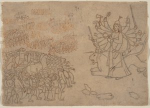 Durga konfronterer Army of the Demon Chikshura: Scene fra Devi Mahatmya, ca. 1780. av Unbekannt