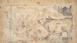Durga konfronterer Buffalo Demon Mahisha: Scene fra Devi Mahatmya, Ka. 1780. av Unbekannt