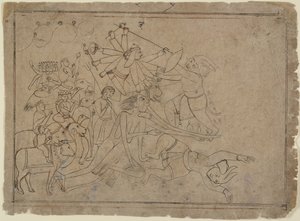 Durga, Kali og matrikane kjemper mot demonen Raktabija: scene fra Devi Mahatmya, Ka. 1780. av Unbekannt