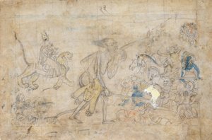Durga og Kali nærmer seg de innsamlede hærene til Chanda og Munda..., ca. 1780. av Unbekannt