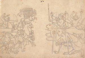 Durga og Kali nærmer seg de innsamlede hærene til Chanda og Munda... Devi Mahatmya, ca. 1780. av Unbekannt