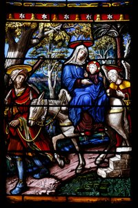 Saint-Remy-kirken i Troyes. Glassmaleri: Scener fra Jomfruens liv. Detalj: Flukten til Egypt. Vincent-Larcher verksted, 1800-tallet av Unbekannt