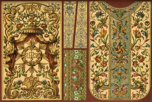 Broderi, lærteppe, gullsmedarbeid, 1600-, 1700- og 1800-tallet, 1898. av Unbekannt