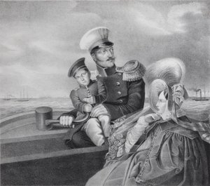 Keiser Nicholas I og keiserinne Alexandra Fyodorovna med sønnen Konstantin Nikolaevich på en båttur, av Unbekannt