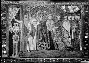 Keiserinne Theodora og medlemmer av hoffet hennes, bysantinsk, original fra det 20. århundre datert 600-tallet. av Unbekannt