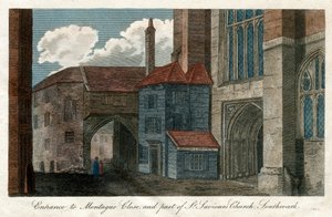 Inngang til Montague Close, og en del av St Savios Church, Southwark, London, 1814 av Unbekannt