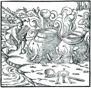 Fordamping av sjøvann i jerngryter for å oppnå salt, 1556 av Unbekannt