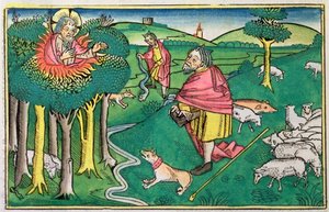 2. Mosebok 3:1-22 og 4:1-4: den brennende busken og Gud som bevæpner Moses med den mirakuløse staven av Unbekannt