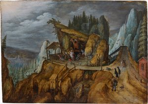 Fantastisk steinete landskap med Temptation of Saint Anthony, 1600. av Unbekannt