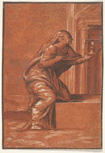 Kvinnelig personifisering av Faith som kneler og hever en kalk i venstre hånd, af..., ca. 1520-1560. av Unbekannt