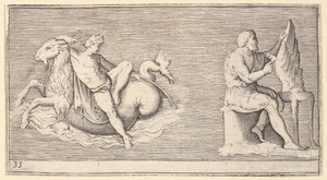 Figur på Seagoat, Man Carving Wing, publisert ca. 1599-1622. av Unbekannt